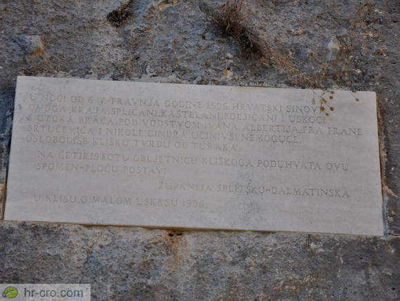 Spominska plošča - 1596 je bila Kliška trdnjava osvobojena od Turkov